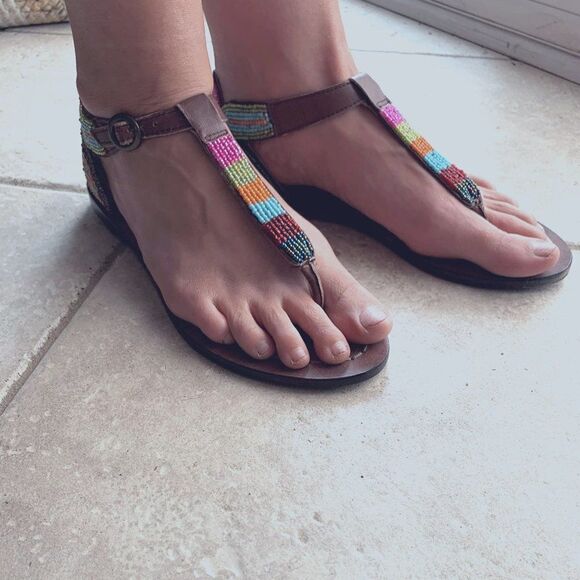 Shoe, sandal,  colourful beading, EUC, sz 9, boho, beach, buckl… - Picture 1 of 16